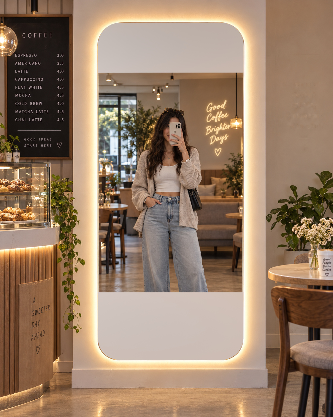 Kafe içinde ışıklı selfie aynası